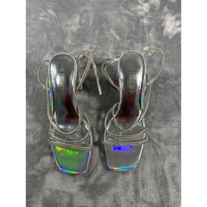 DREAMPAIRS Women Silver Holographic Rhinestone Block Heel Sandals Size 7
